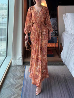 Paisley Print Puff Sleeve Mermaid Maxi Dress