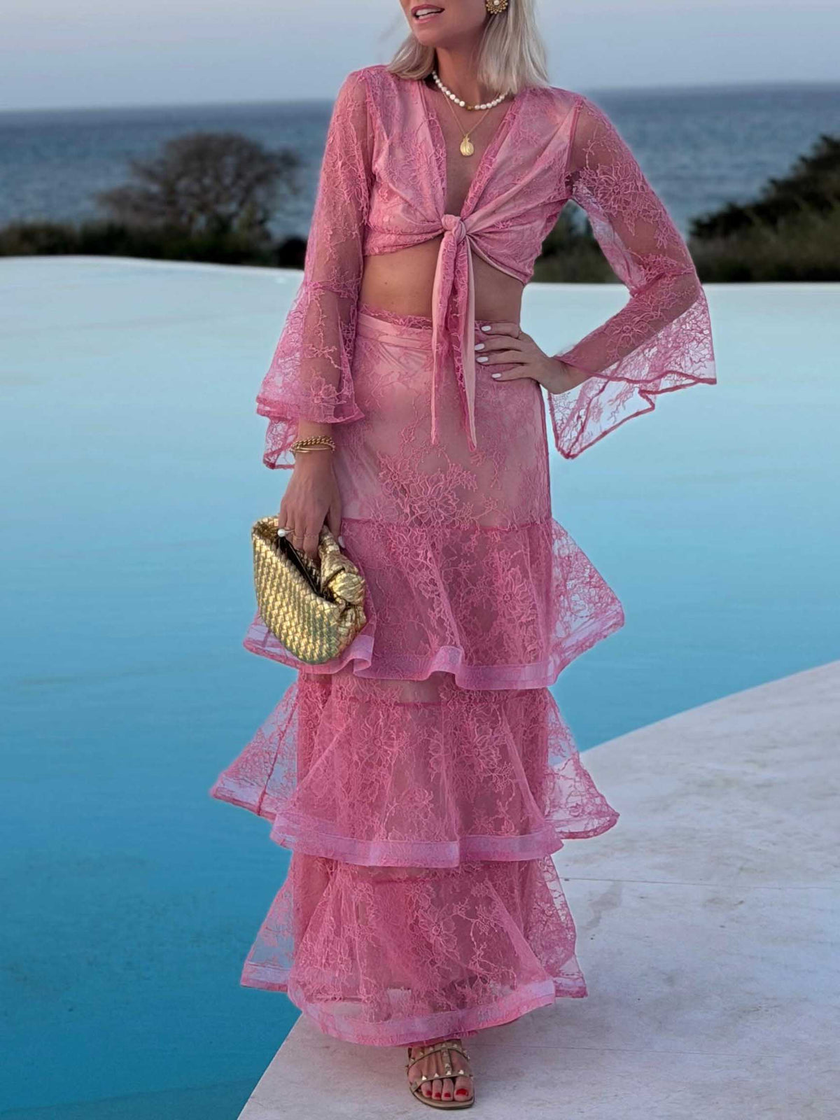 Sexy Front Tie Crop Top & Tiered Ruffle Skirt Set