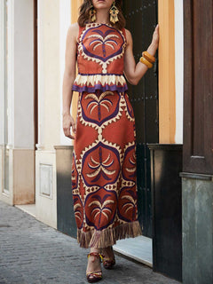 Ethnic Palm Print Fringe Hem Two-Piece Set