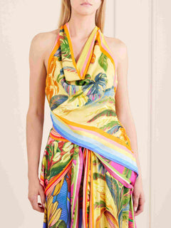 Tropical Print Halter Top & Draped Midi Skirt Two-Piece Set
