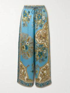 Unique Casual Floral Print Satin Elastic-Waist Pockets Wide-Leg Pants