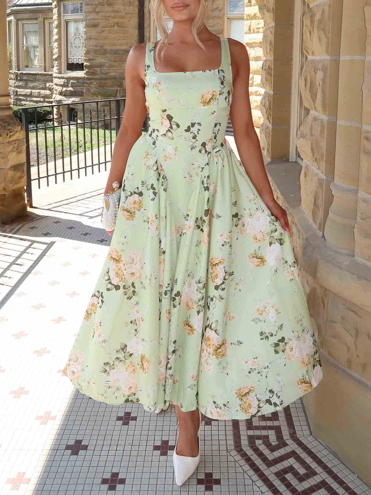 Elegant Floral Print Square Neck Midi Dress