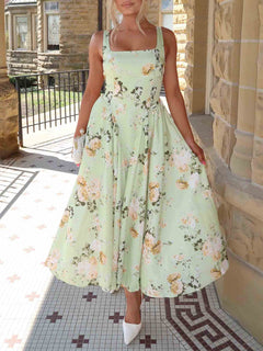Elegant Floral Print Square Neck Midi Dress