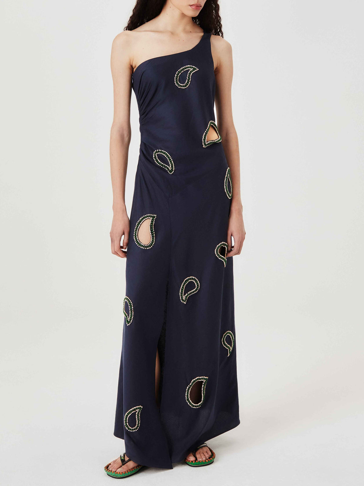 Paisley One-Shoulder Cutout Slit Maxi Dress