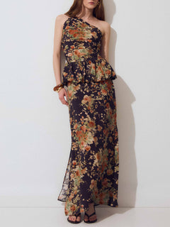 Retro Print One-Shoulder Ruffle Top & Midi Skirt Two-Piece Set