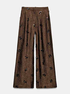 Elegant Satin Sequin Top & High-Waist Wide-Leg Pants Two-Piece Set