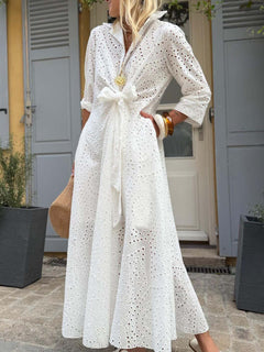 Casual Cutout Lace Shirt Button Maxi Dress