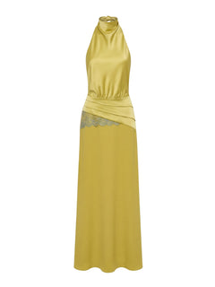 Elegant Satin High Neck Lace-Trim Maxi Dress