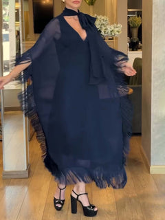 Elegant Flowy Chiffon Fringe Kaftan Maxi Dress