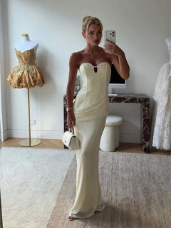Elegant Strapless Corset Ruched Sequin Maxi Dress-Likemychoice