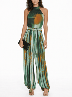 Abstract Watercolor Print Halter &  Pants Two-Piece Set