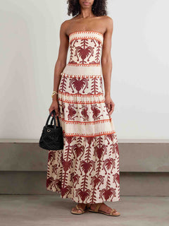 Elegant Strapless Ethnic Print Tiered Maxi Dress
