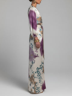 Elegant Watercolor Print Satin Long Sleeve Wrap Top