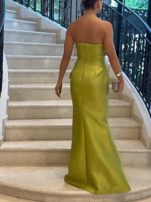 Elegant Strapless Ruffle Satin Gown Maxi Dress