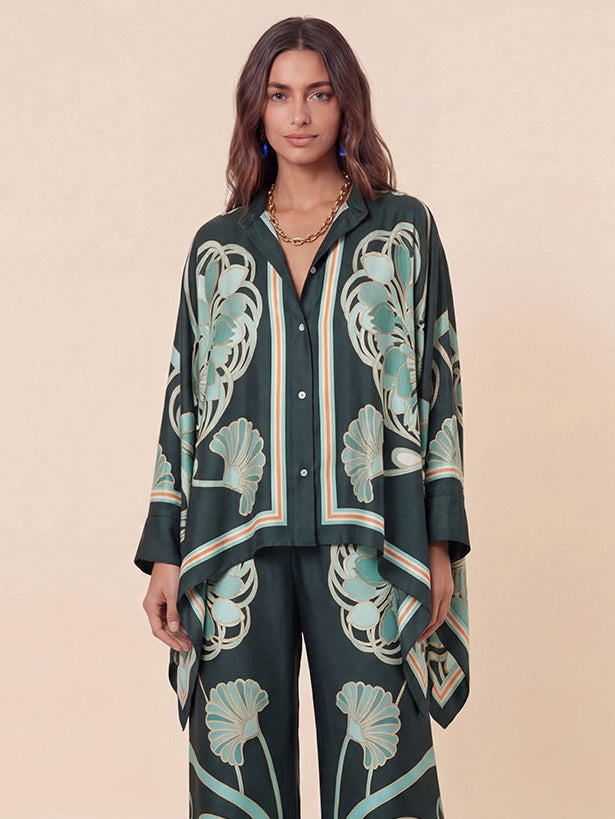 Elegant Abstract Print Satin Cape Sleeve Shirt