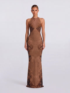 Curry Halter Dragon-Print Slim-Fit Fishtail Long Dress