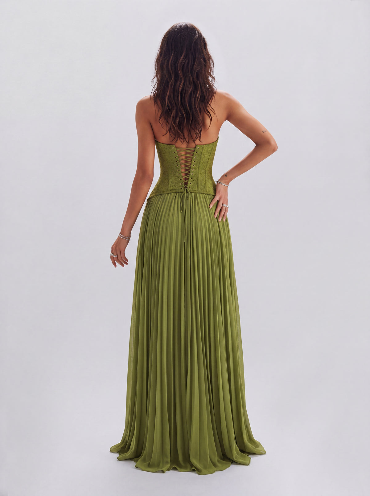 Lace Boom Neck Pleated Long Banquet Dress