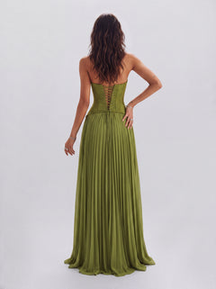 Lace Boom Neck Pleated Long Banquet Dress