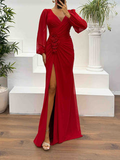 Elegant V-Neck Ruched Floral Slit Maxi Dress