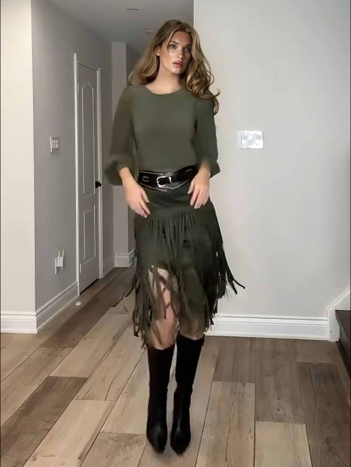 Elegant High-Waist Fringe Midi Skirt
