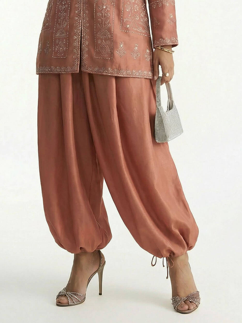 Exquisite Embroidered Floral Shirt And Elastic Waist Satin Tapered Lantern Pants Set