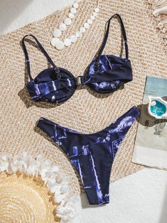 Sexy Push-up Underwire Faux Denim Print Two-Piece Bikini Set