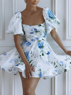 Delicate Floral Print Puff Sleeve Linen Mini Dress