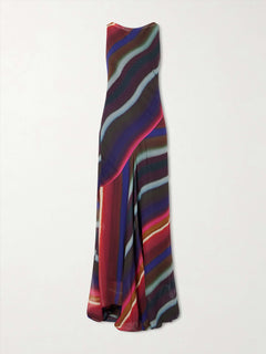 Elegant Diagonal Stripe Print Asymmetrical Flowy Maxi Dress