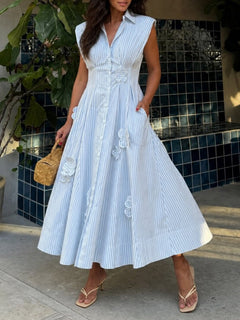Casual Striped Button-Down Maxi Shirt Dress