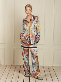 Unique Satin Sunshine Print Turn-Down Collar Loose Fit Shirt And Elastic Waist Wide Leg Pants Set