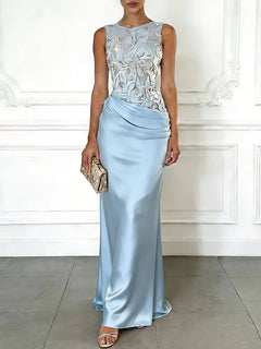 Elegant Blue Embroidery Satin Crew Neck Sleeveless Sheath Maxi Dress