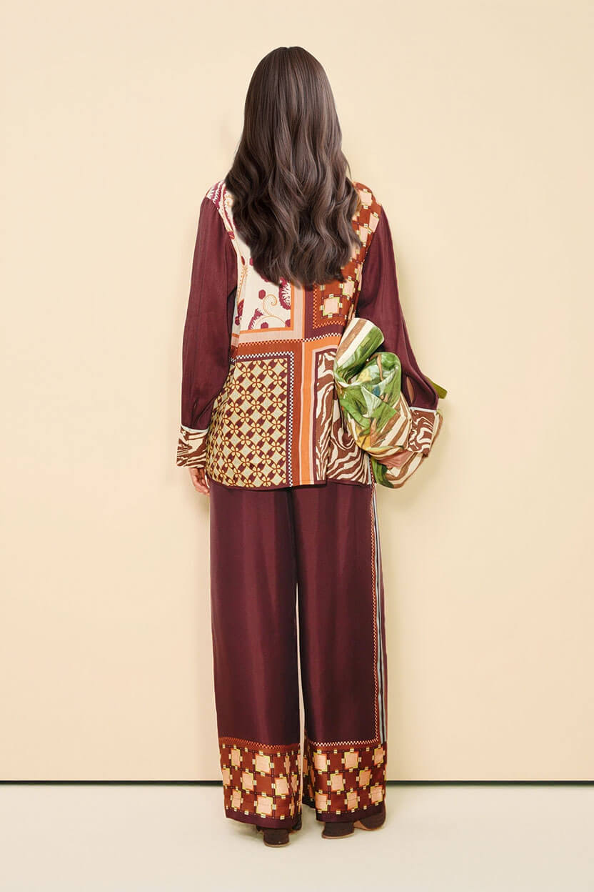 Unique Paisley Color-Block Satin Shirt And Elastic Waist Wide-Leg Pants Set