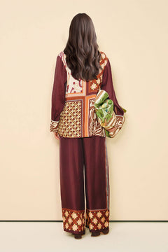 Unique Paisley Color-Block Satin Shirt And Elastic Waist Wide-Leg Pants Set