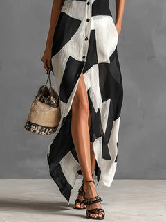 Exquisite Irregular Geometric Print Lapel Single-Breasted Short-Sleeved Maxi Shirt Dress