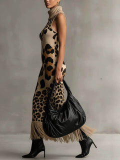 Leopard Print Turtleneck Sleeveless Fringe Bodycon Knit Maxi Dress
