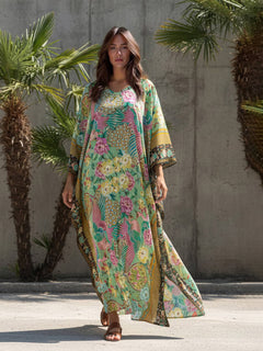 Modern Casual Peacock Print Kimono Beach Maxi Dress