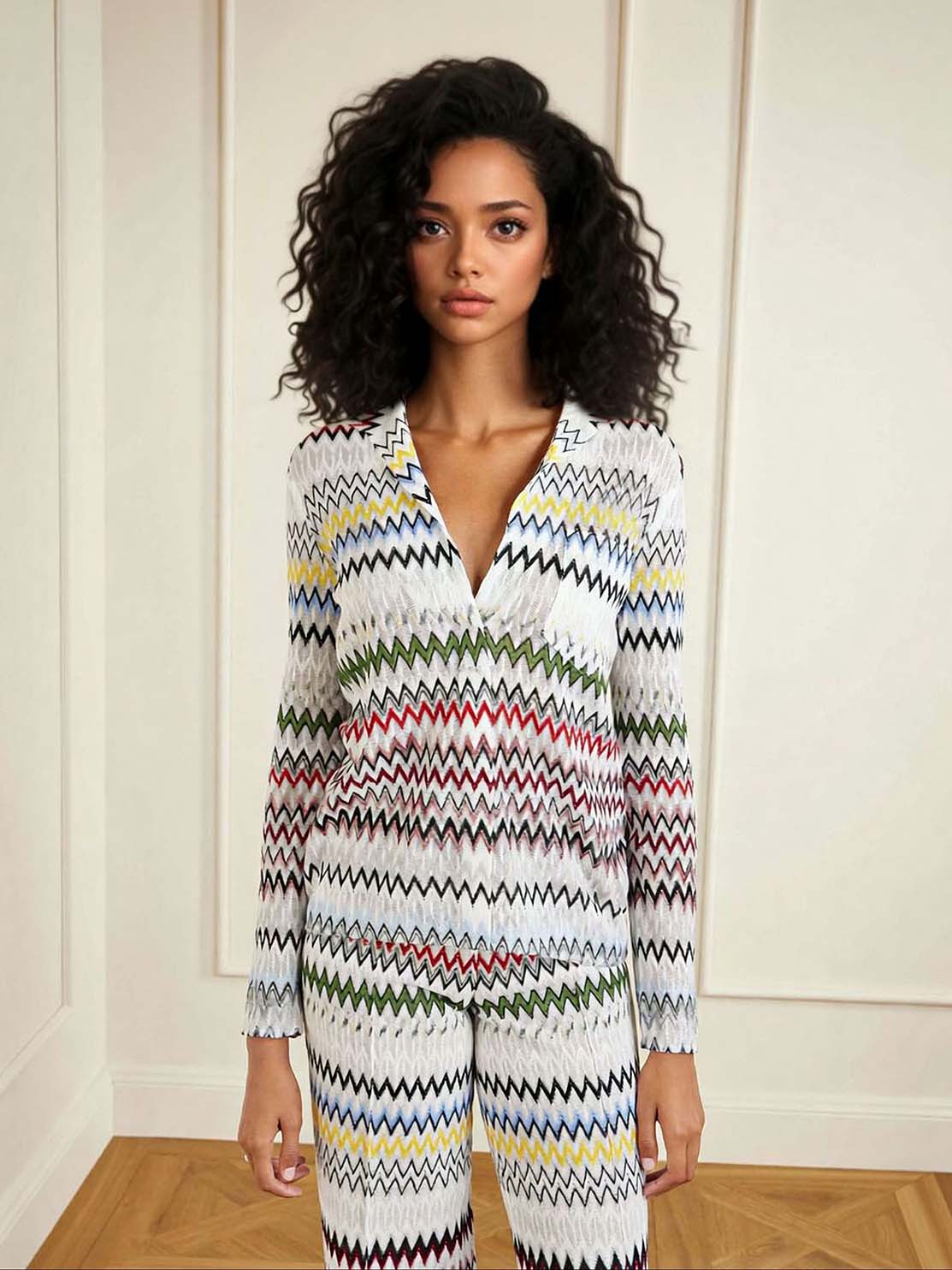 Geometric Zigzag Print Long-Sleeve V-Neck Top