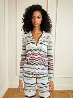 Geometric Zigzag Print Long-Sleeve V-Neck Top