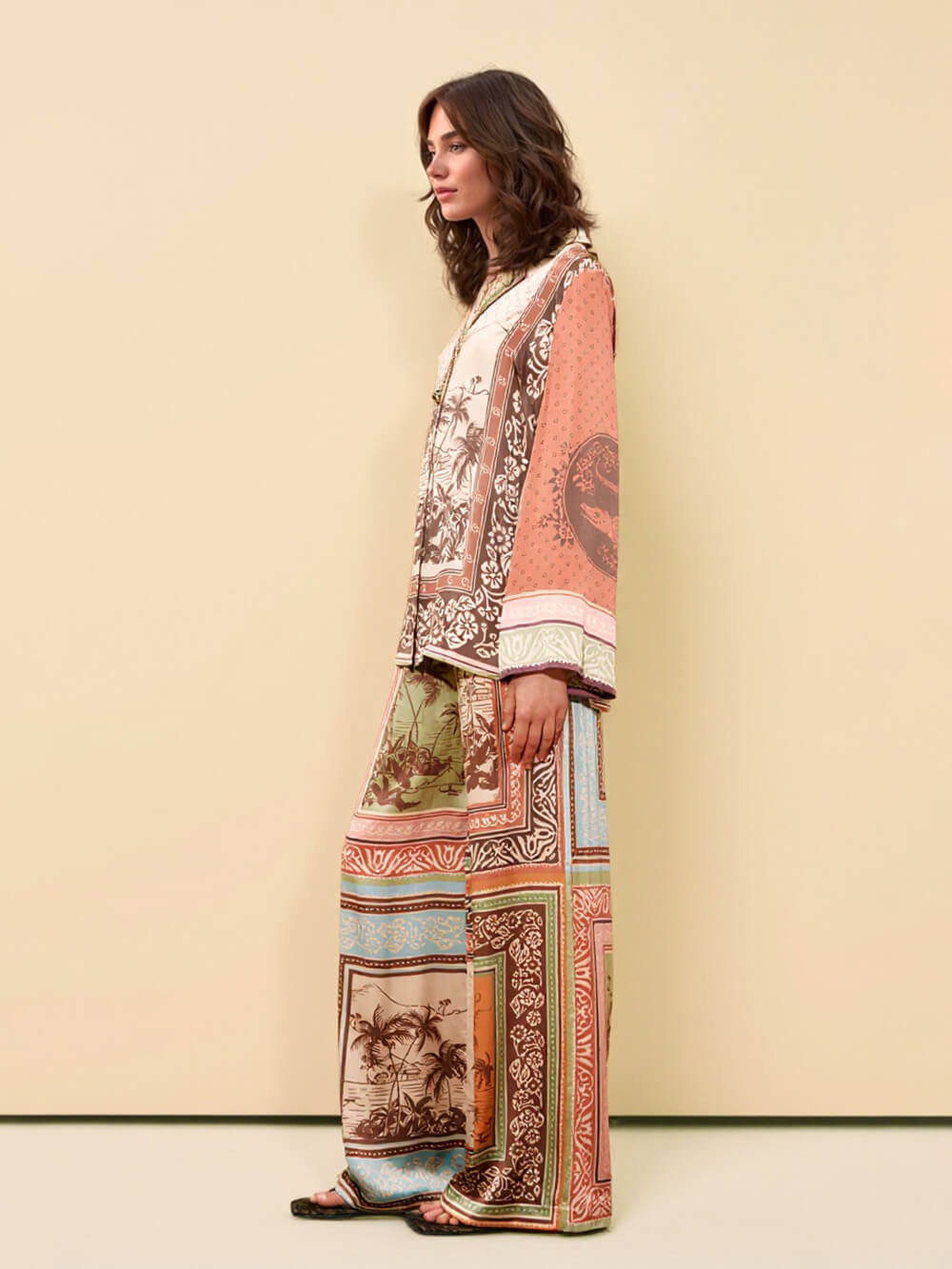 Unique Satin Floral Print Button-Up Shirt with Elastic Waist Pockets And Wide-Leg Pants Set