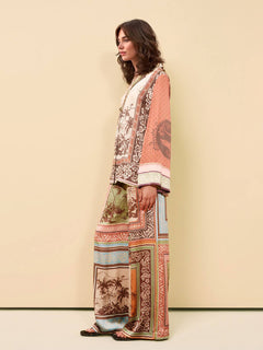 Unique Satin Floral Print Button-Up Shirt with Elastic Waist Pockets And Wide-Leg Pants Set