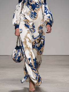 Retro Off-shoulder Printed Satin Maxi Dress