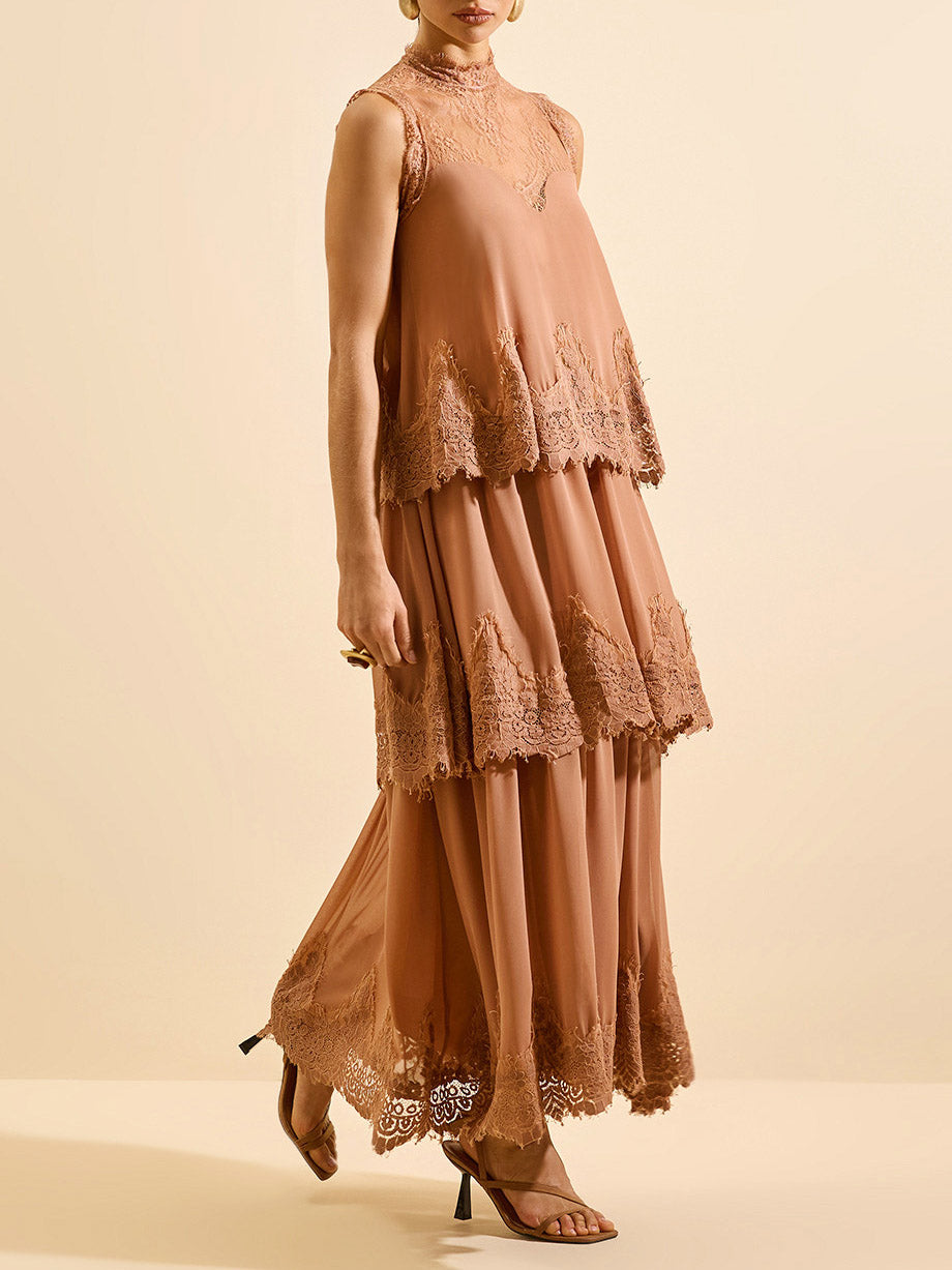 Elegant Chiffon Lace Tiered Sleeveless Maxi Dress