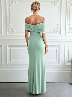 Elegant Off-Shoulder Ruched Slit Maxi Dress