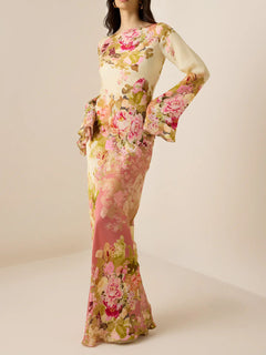Elegant Floral Print Satin Maxi Dress