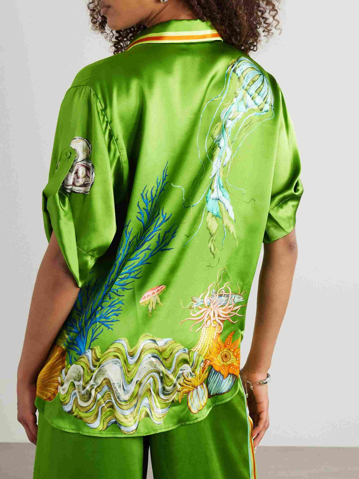Ocean Print Satin Shirt & Palazzo Pants Two-Piece Set