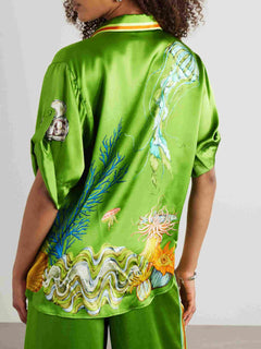 Ocean Print Satin Shirt & Palazzo Pants Two-Piece Set