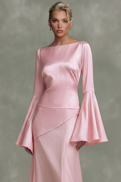 Elegant Minimalist Bell-Sleeve Satin-Panel A-Line Maxi Dress