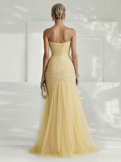 Elegant Strapless Pleated Tulle Maxi Dress