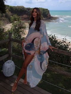 Exquisite Satin Printed Asymmetrical Batwing Loose Maxi Dress
