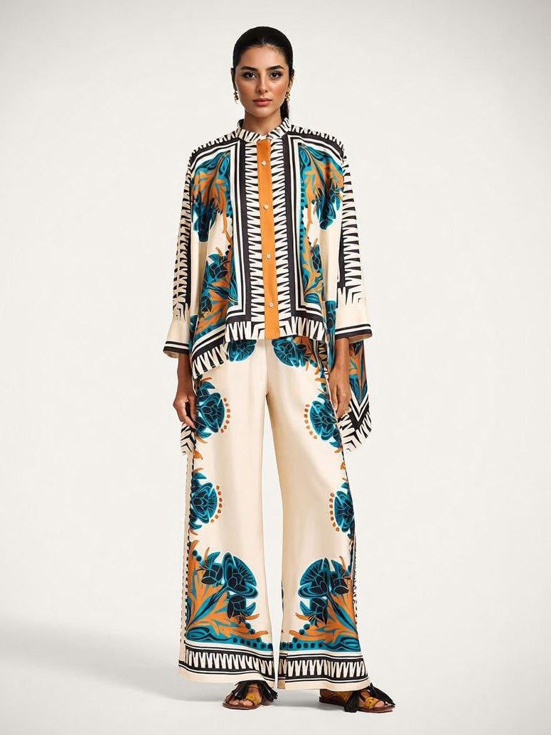 Exquisite Satin Floral Print Shirt & Wide-Leg Pants Set